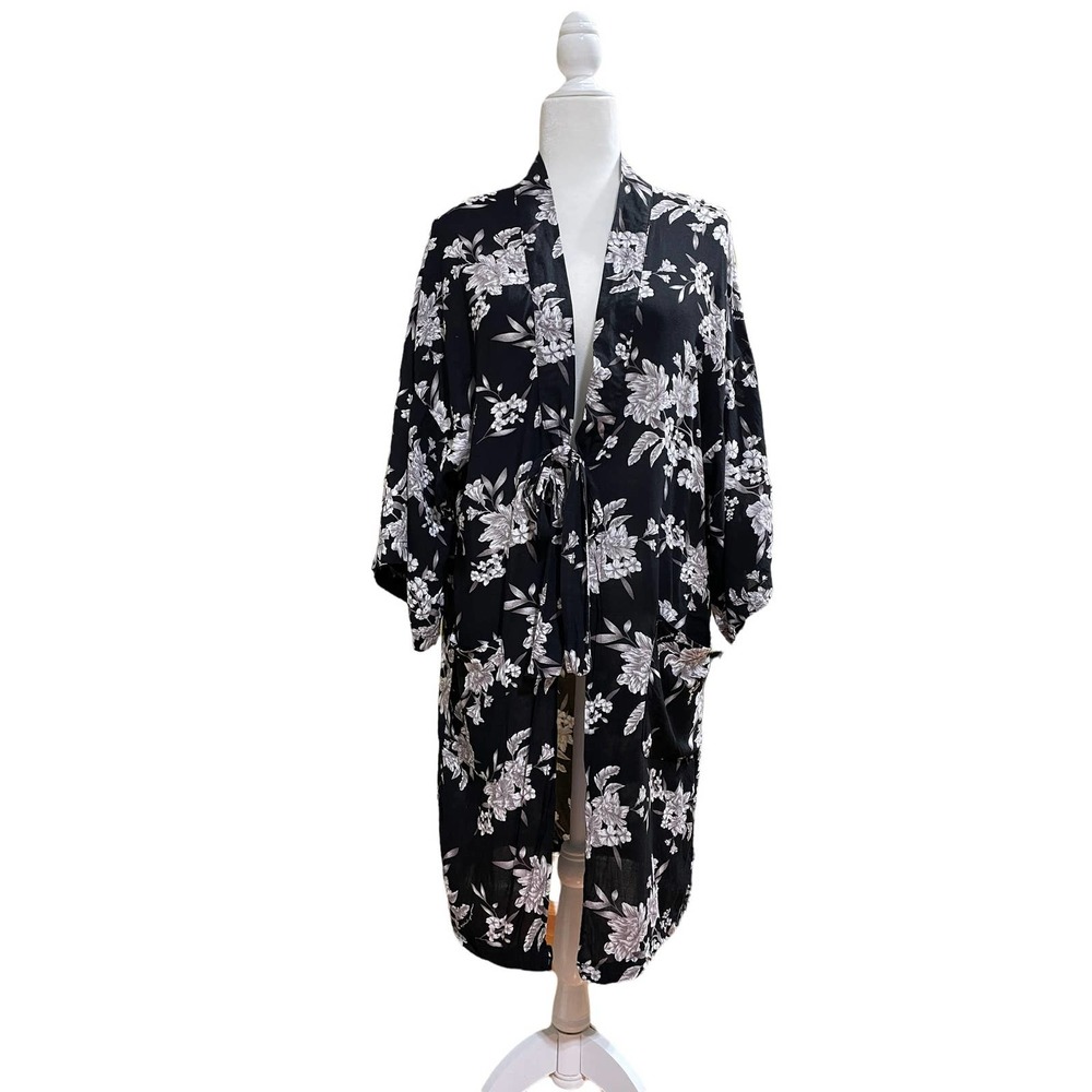 Spiritual Gangster Kimono Robe Black Floral Swim Yoga Coverup One Size